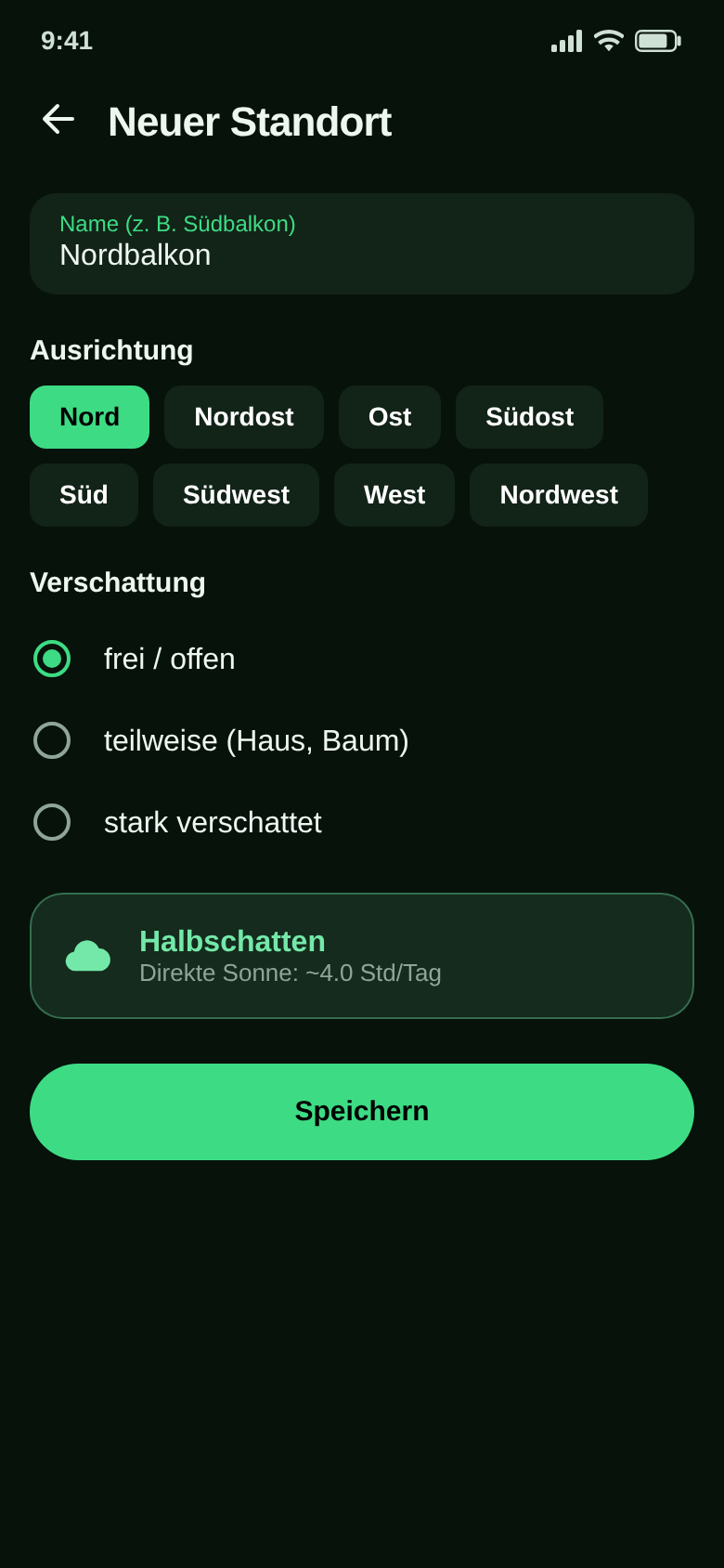 Neuer Standort mit Auswahl der Ausrichtung, drei Verschattungsstufen und berechnetem Halbschatten